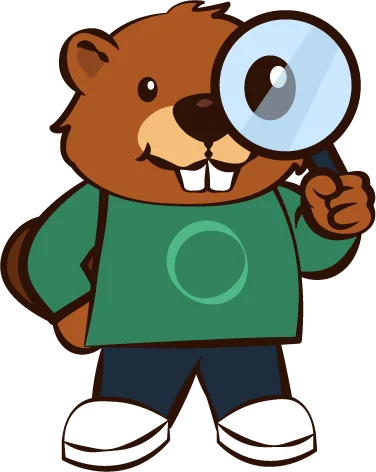 Castor mascot with magnifying glass representing verification and trust validation