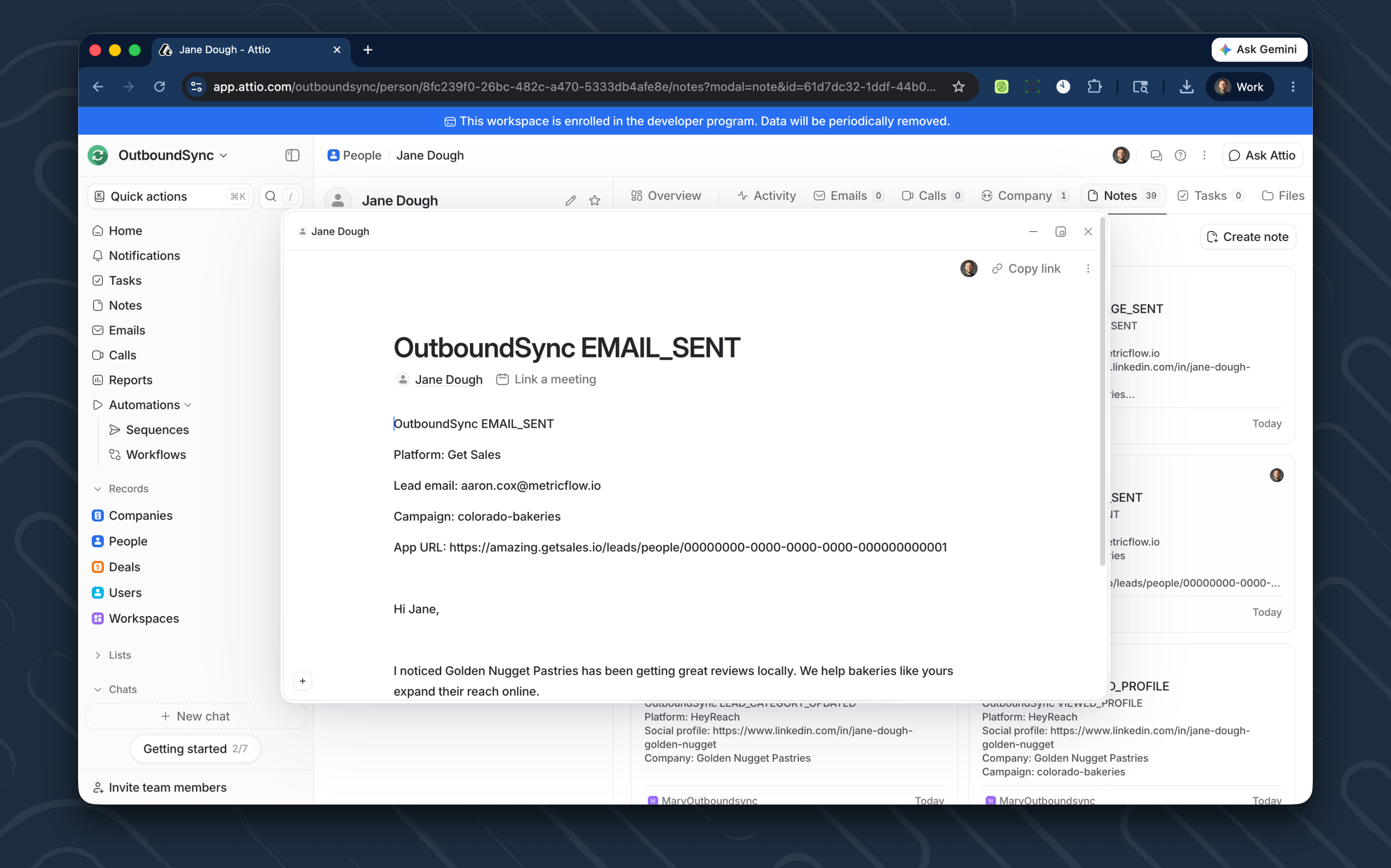 Expanded Attio note showing a full OutboundSync EMAIL_SENT event with platform, lead email, campaign, app URL, and message body