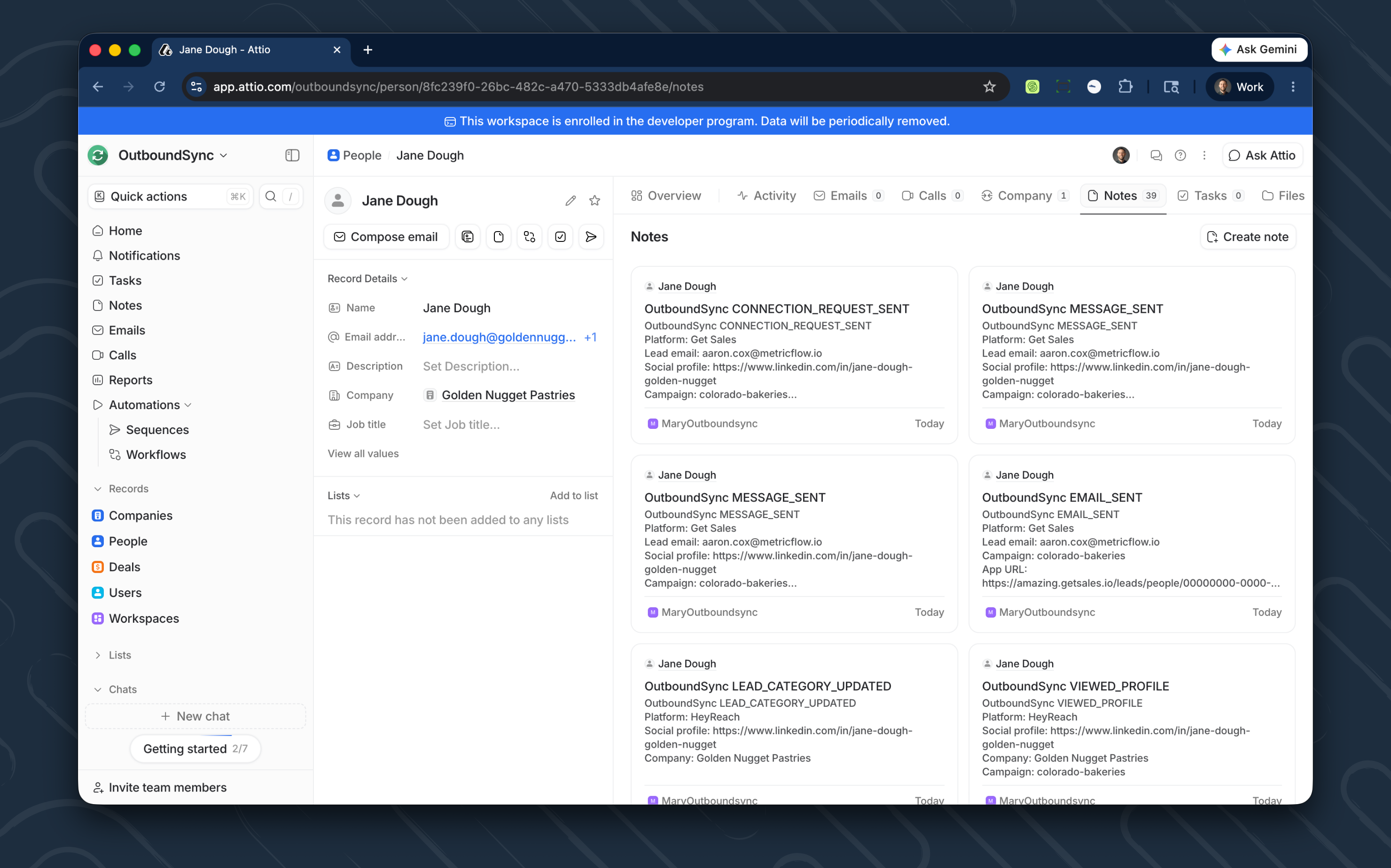 Attio person record for Jane Dough showing the Notes tab with multiple OutboundSync events including CONNECTION_REQUEST_SENT, MESSAGE_SENT, EMAIL_SENT, LEAD_CATEGORY_UPDATED, and VIEWED_PROFILE