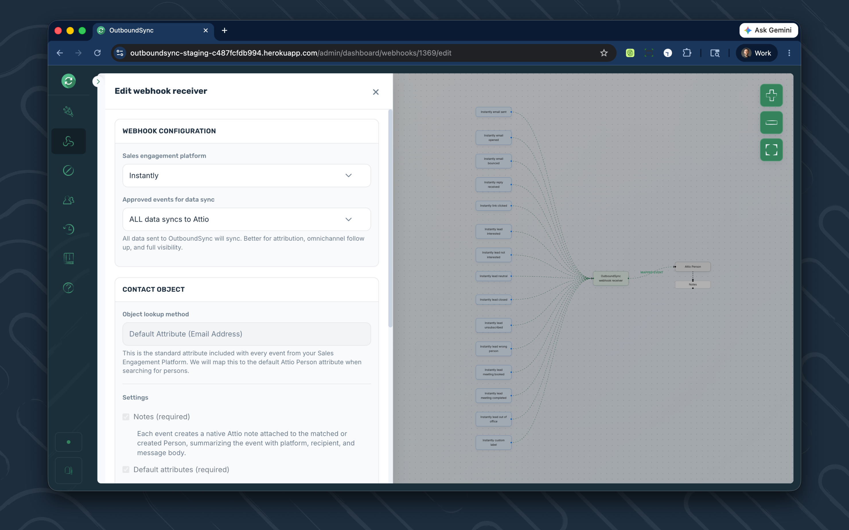 OutboundSync webhook receiver edit screen showing the Instantly to Attio configuration with ALL data syncs to Attio selected