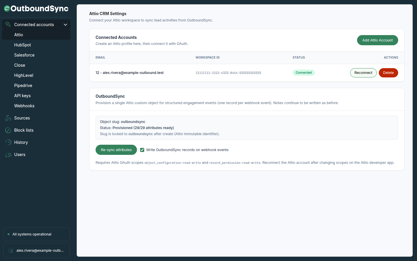 OutboundSync Attio CRM Settings with a connected Attio account, the OutboundSync object provisioned, and Write OutboundSync records on webhook events turned on