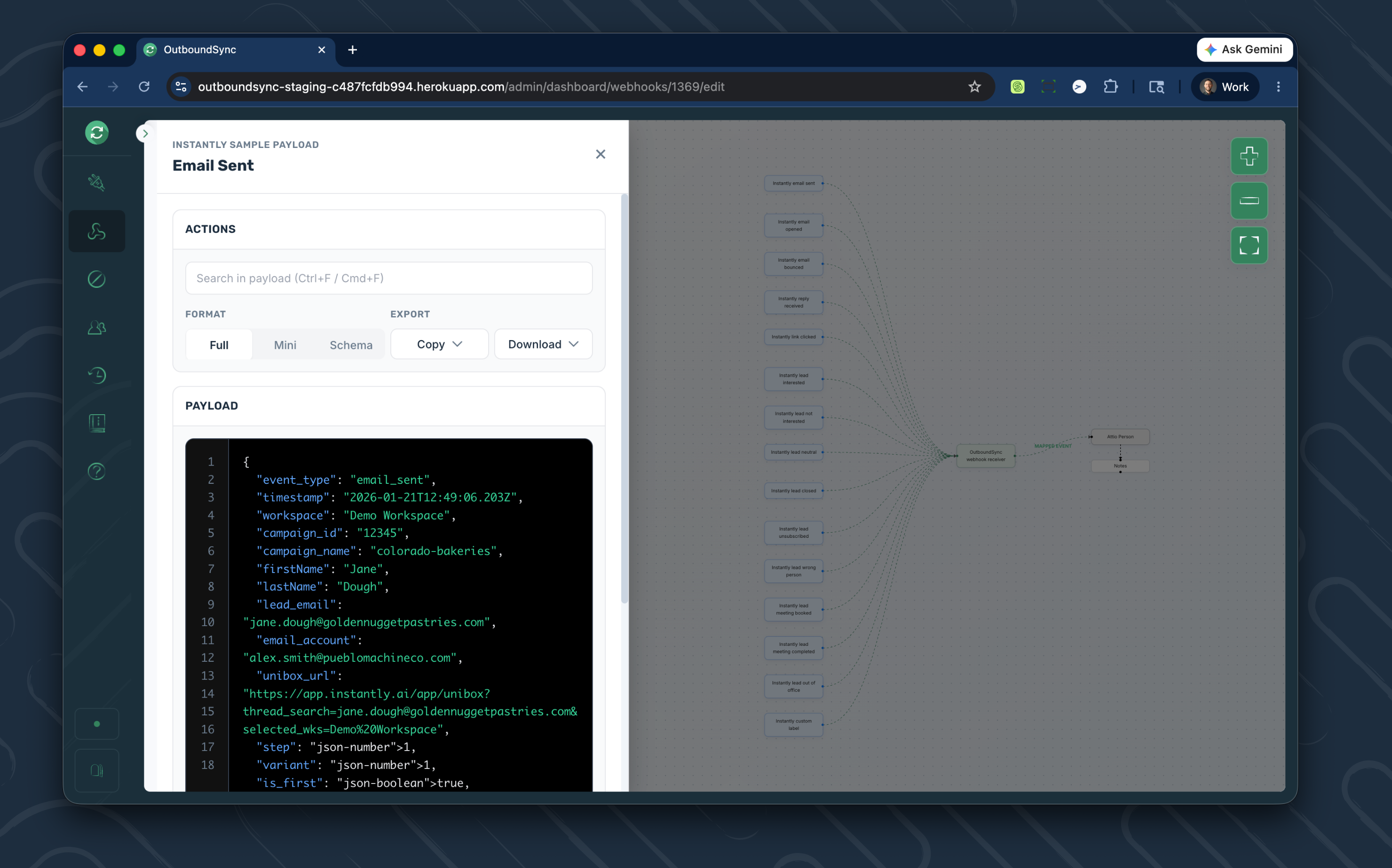 OutboundSync sample payload viewer showing an Instantly email_sent event with workspace, campaign, lead email, and other fields