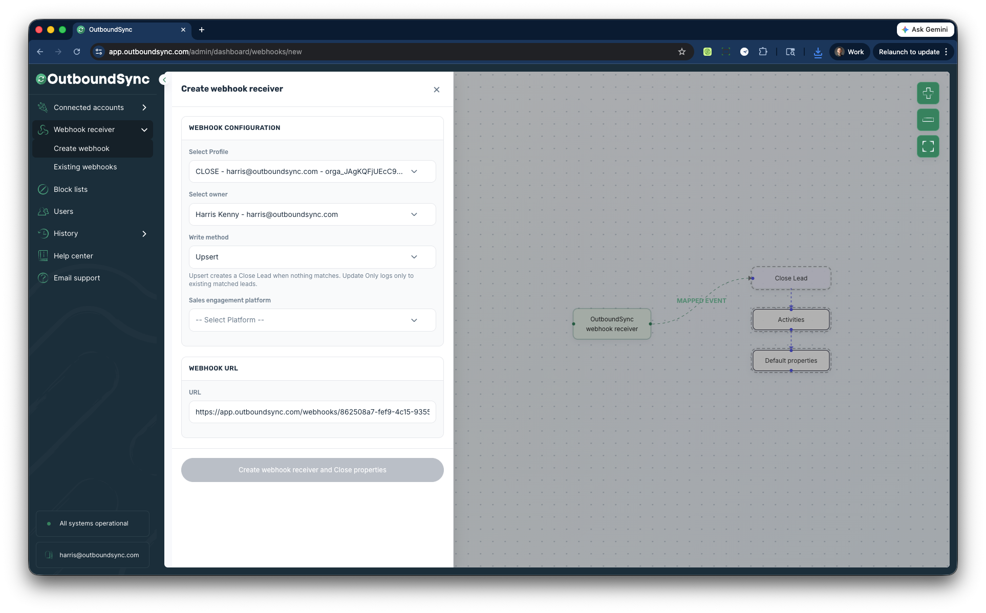 OutboundSync webhook receiver setup for a Close connected account