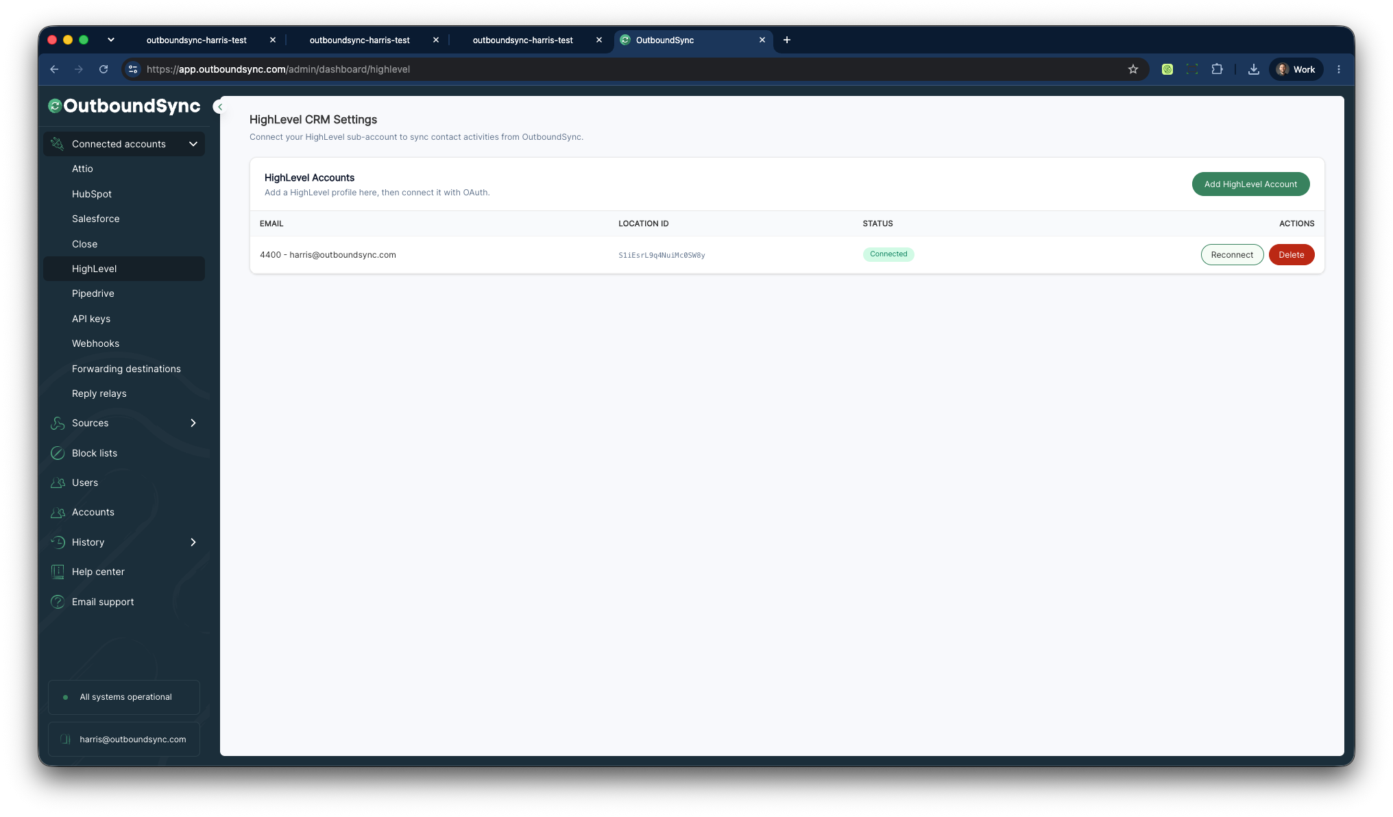 OutboundSync HighLevel Connected Account after Location OAuth