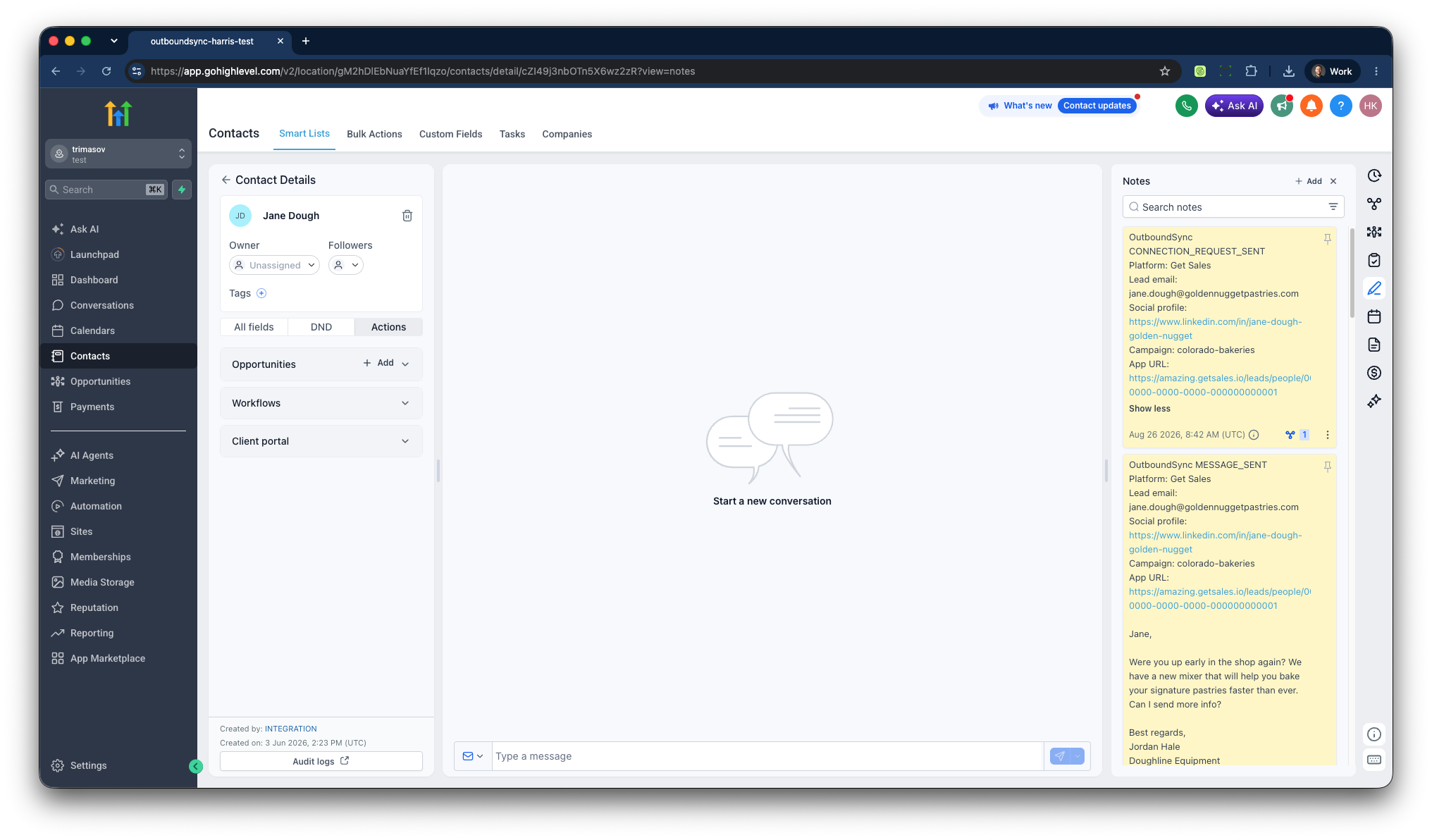 HighLevel Contact detail with synced OutboundSync Notes