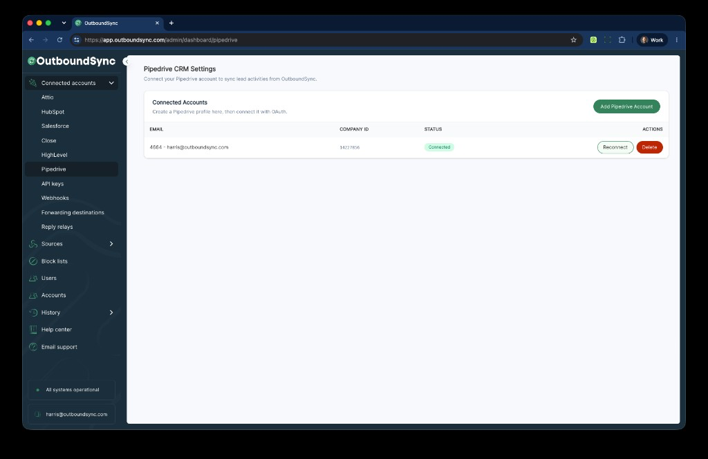 OutboundSync Connected Accounts page for Pipedrive
