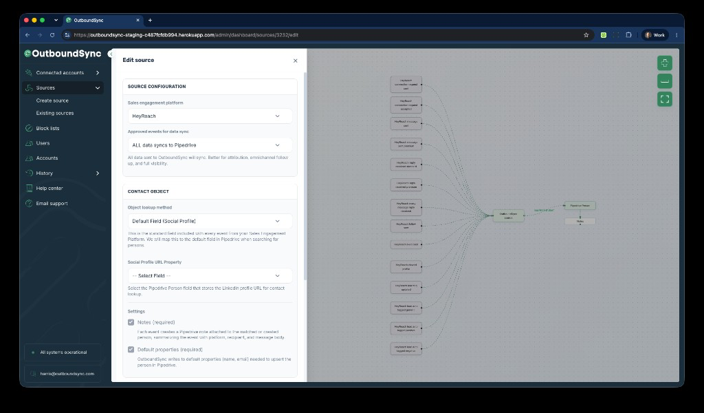 OutboundSync source setup mapping HeyReach events to a Pipedrive Person and Notes