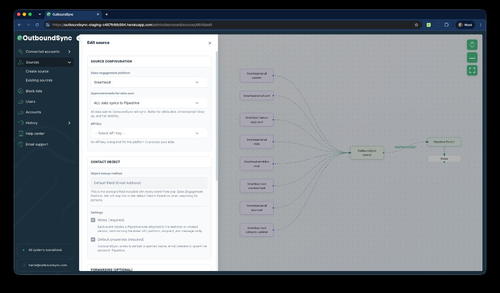 OutboundSync source setup mapping Smartlead events to a Pipedrive Person and Notes