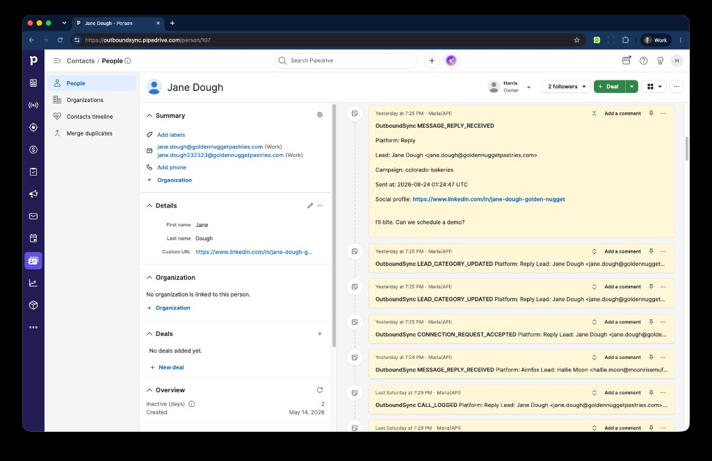 Pipedrive Person Jane Dough with OutboundSync Notes for replies, category updates, connection accepts, and call logs