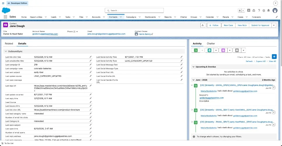 Jane Dough's Salesforce contact with OutboundSync fields and Instantly activity on the timeline.